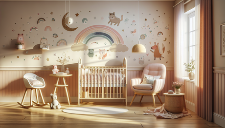 A lovely nursery room having baby-friendly wall decals. Imagine a room bathed in soft, warm colors, perhaps pastel hues. On the main wall are decal designs that feature playful motifs like cute animal