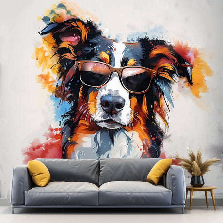 Bright Australian Shepherd Wearing Shades Wall Decal - Cheerful Watercolor Dog in Glasses Sticker - Colorful Whimsical Pet Wall Mural Art
