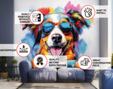 Australian Shepherd in Sunglasses Wall Sticker - Vivid Watercolor Pet Art Decal Home Decor - Colorful Playful Dog Self-Adhesive Mural Gift