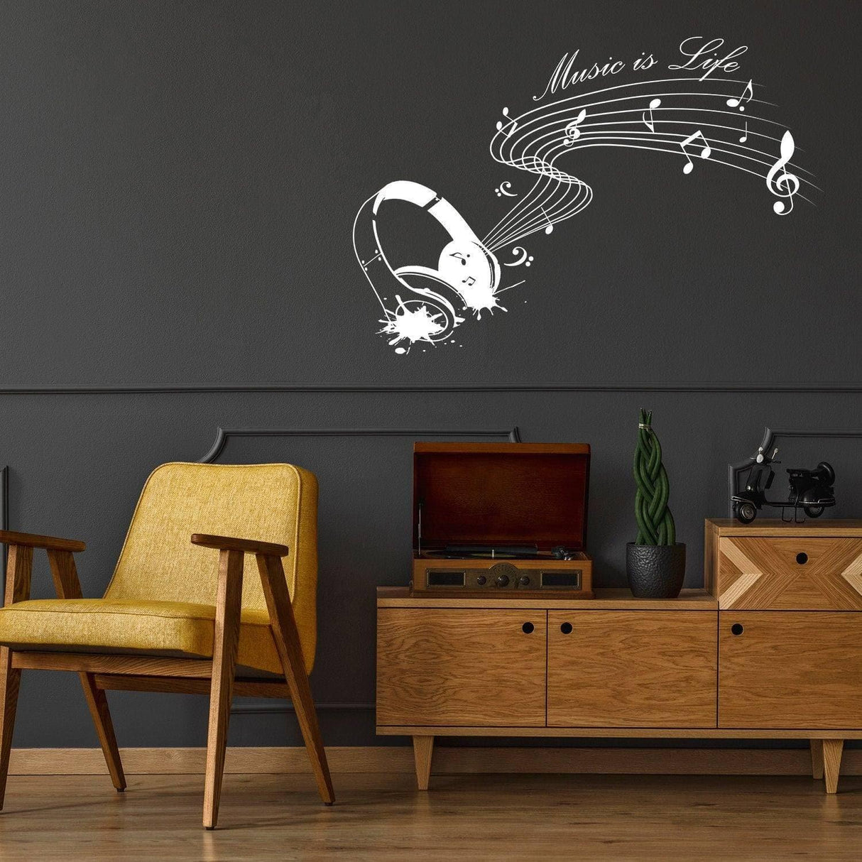 Music Is Life Wall Sticker - Note Quote Gift Decor Art Vinyl Decal - Dj Room Festival Love Event Earphone Saying Sign Stick Mural - Decords