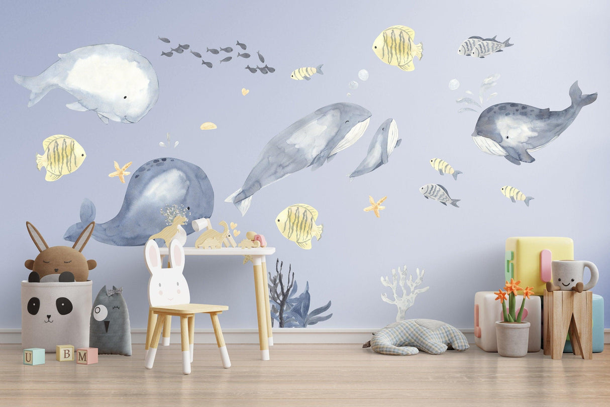 Ocean Whales Wall Sticker For Kids Room Decor - Fish Theme Baby Boy Nursery Decal - The Under Sea Life Classroom Peel And Stick Decoration - Decords
