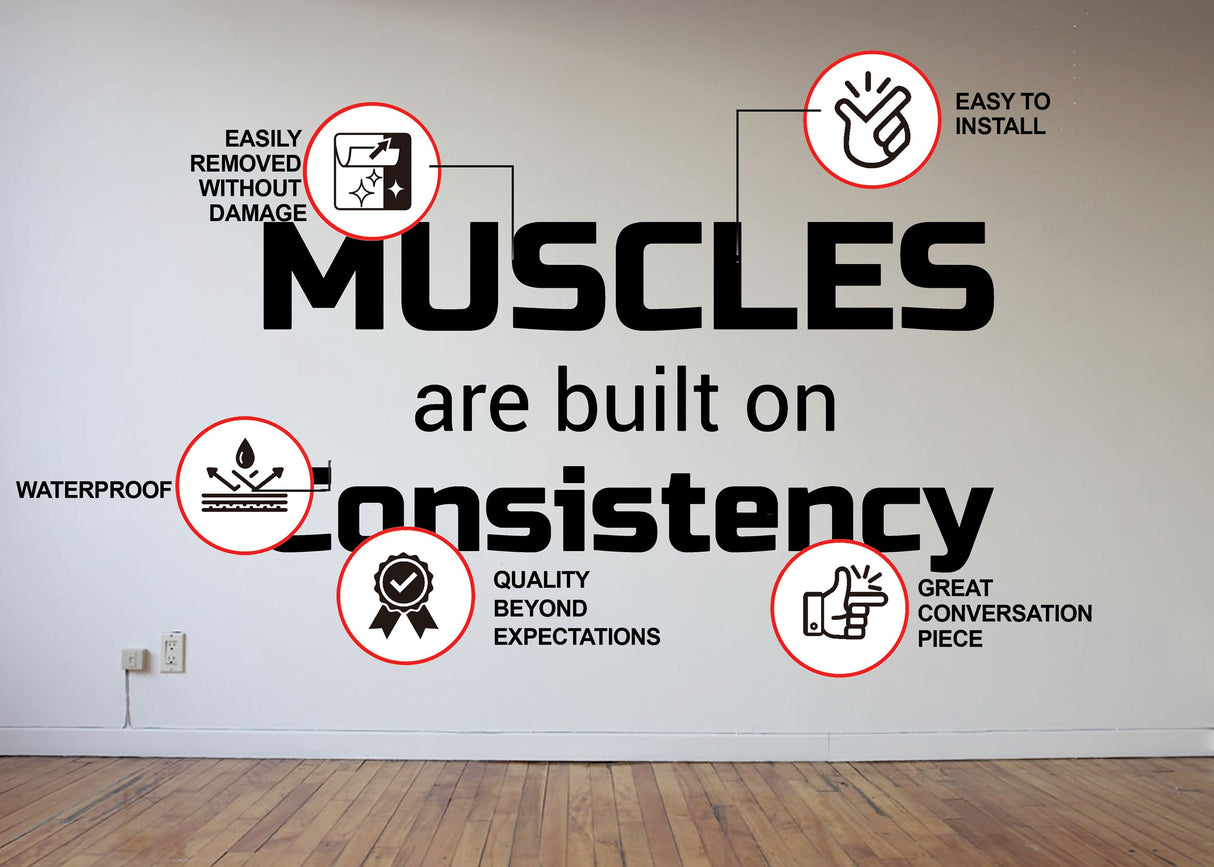 Gym Quote Wall Decal - Motivational Fitness Workout Sticker - Sport Training Motivation Vinyl Decor - Consistency Builds Muscles Decals
