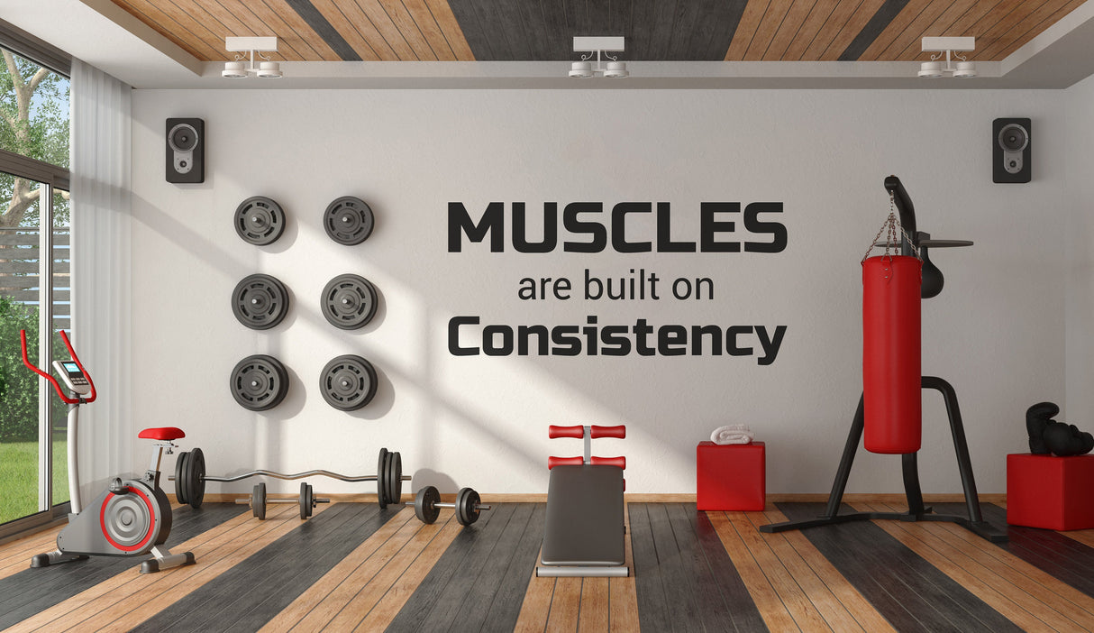 Gym Quote Wall Decal - Motivational Fitness Workout Sticker - Sport Training Motivation Vinyl Decor - Consistency Builds Muscles Decals