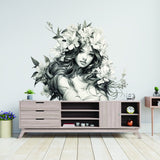 Stunning Woman with Floral Hair Wall Decal - Elegant Teen Vinyl Art Mural - Removable Monochrome Gaze Wall Sticker