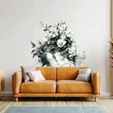 Stunning Woman with Floral Hair Wall Decal - Elegant Teen Vinyl Art Mural - Removable Monochrome Gaze Wall Sticker