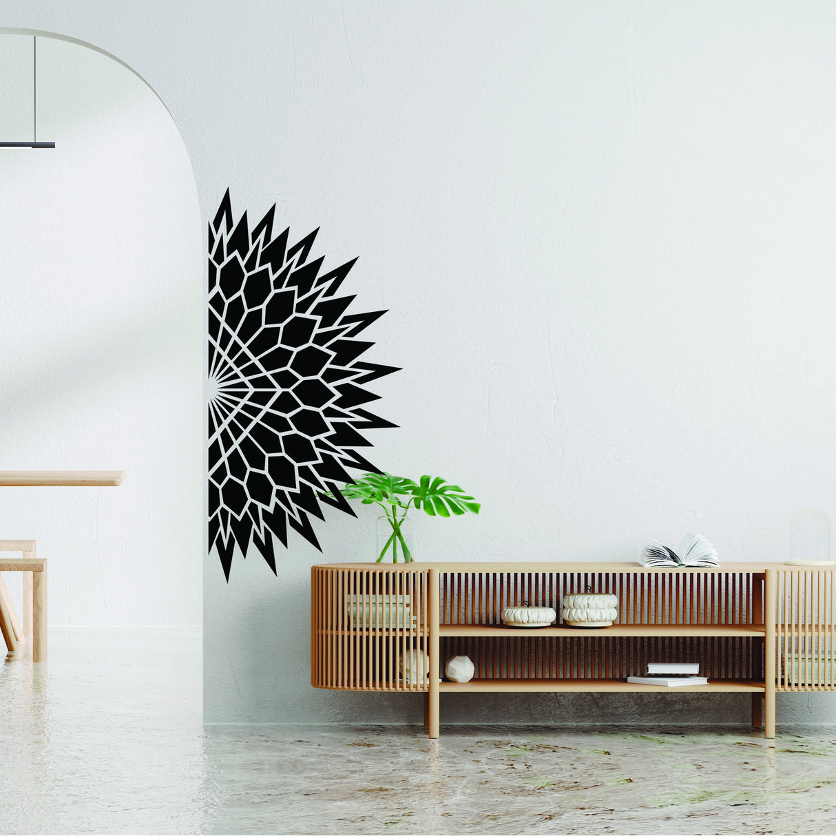 Half Geometric Mandala Wall Corner Decal - Modern Living Room Vinyl Art - Yoga Studio Meditation Decor - Bedroom Headboard Sticker