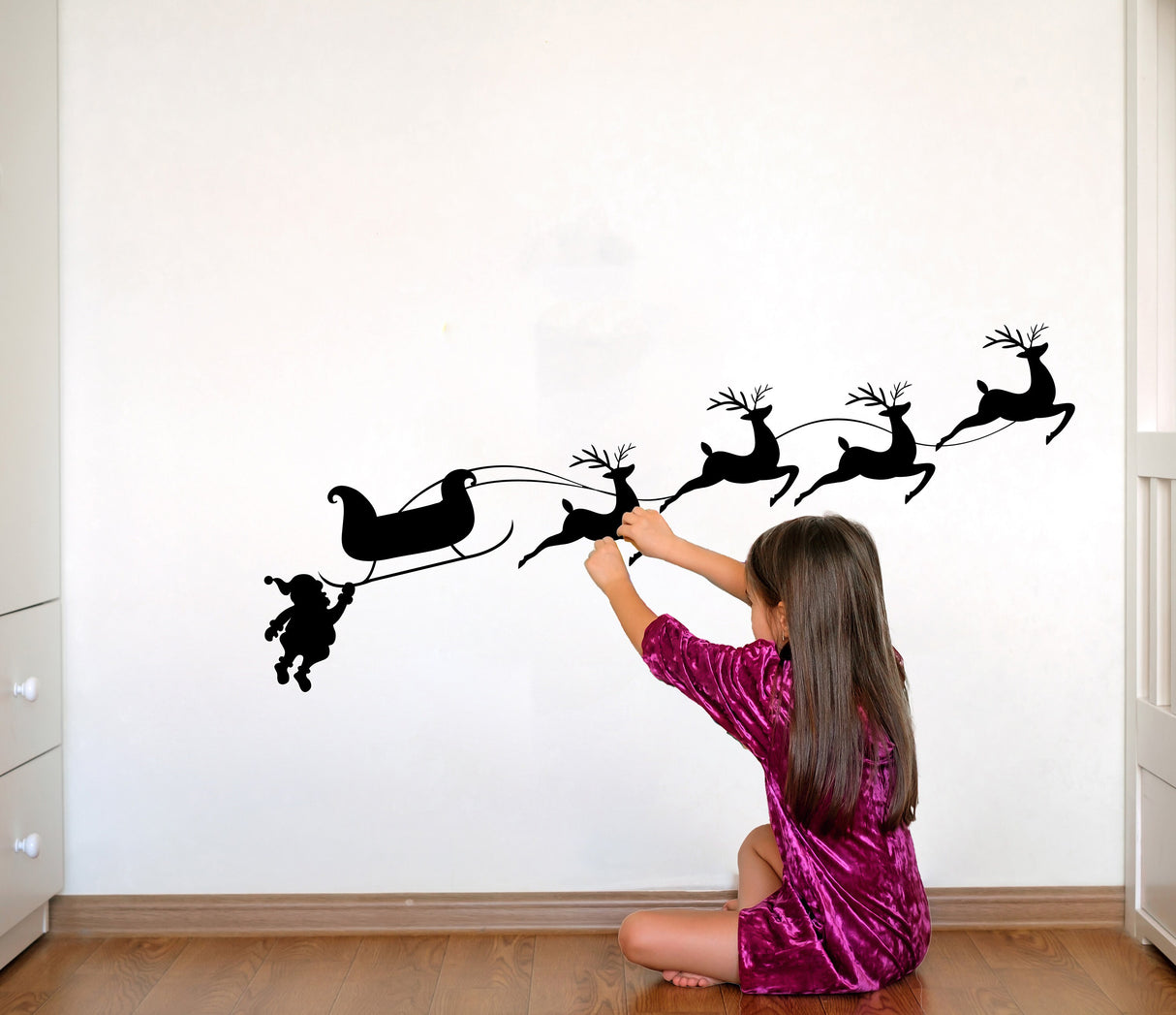 Humorous Santa & Sleigh with Deers Wall Decal - Christmas Silhouette Stickers - Holiday Home Room Decor - Festive Wall Art Mural
