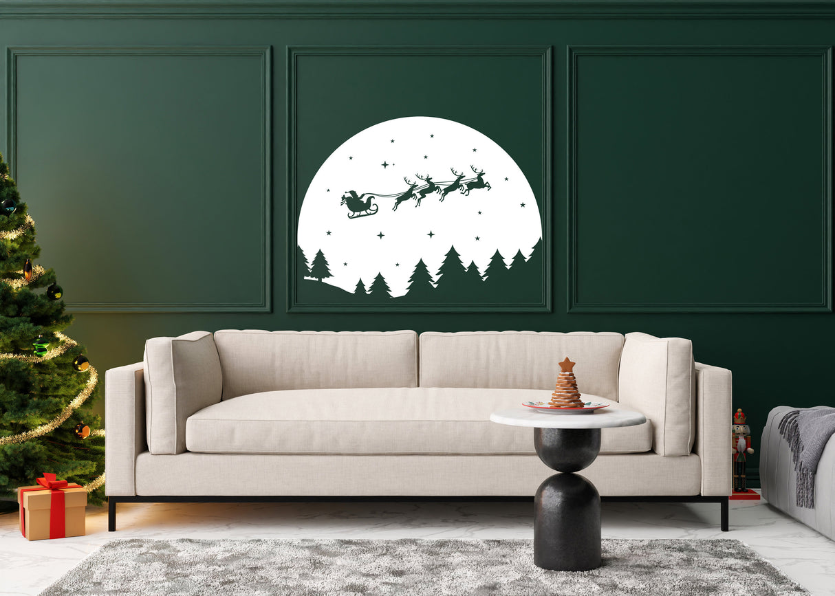 Starry Sky Santa & Sleigh with Deers Wall Decal - Christmas Silhouette Stickers - Holiday Home Room Decor - Festive Wall Art Mural