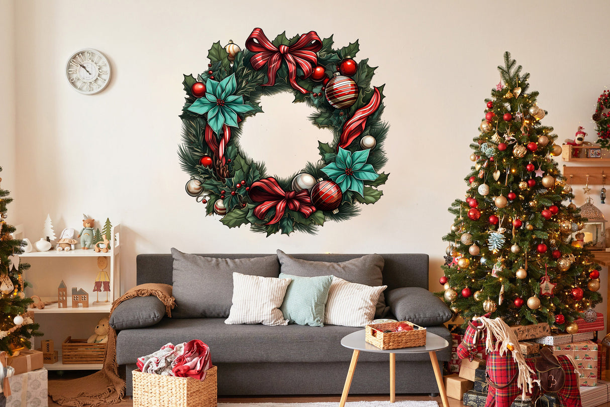 Lifelike Christmas Wreath Wall Decal - Door Sticker Displaying Holiday Elegance - Removable Festive Wall Art Mural - Seasonal Home Decor