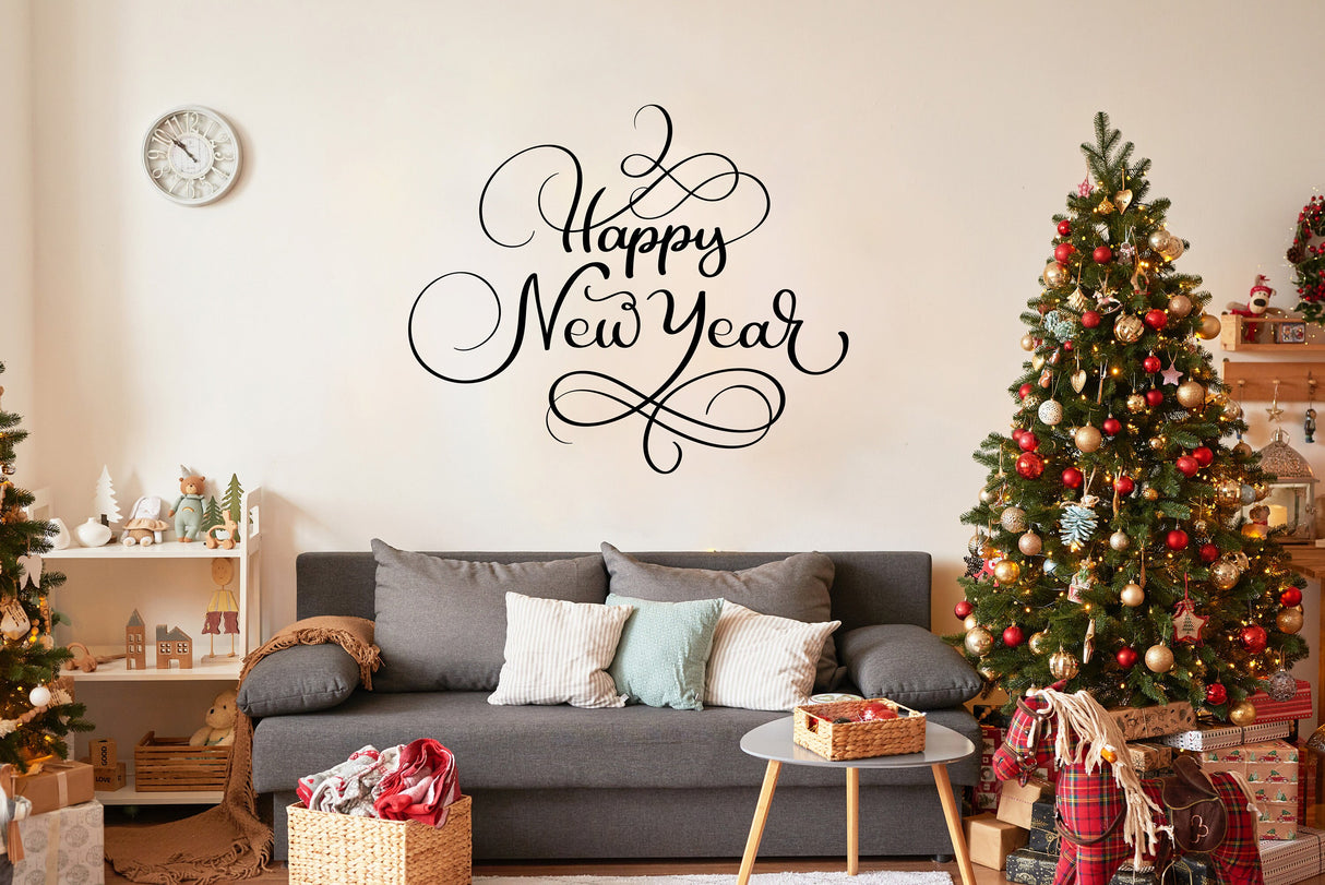 Uplifting New Year Quote Wall Vinyl Sticker - "Happy New Year" Text Decal Sign for Living Room - Inspirational Kitchen Celebration Sayings