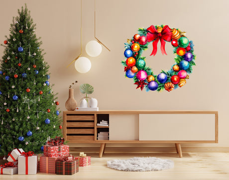 Watercolor Christmas Wreath Wall Decal with Red Bow and Colorful Ornaments