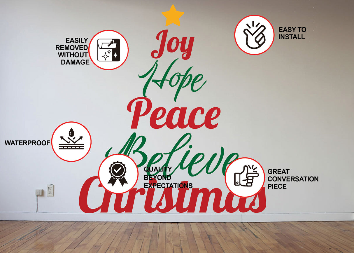 Heartfelt Christmas Quote Wall Decal - "Joy Hope Peace Believe Christmas" Text Sticker - Inspirational Family Living Room Holiday Sayings