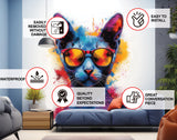 Colorful Watercolor Cat in Glasses Wall Decal - Vibrant Kitten Room Sticker Decor