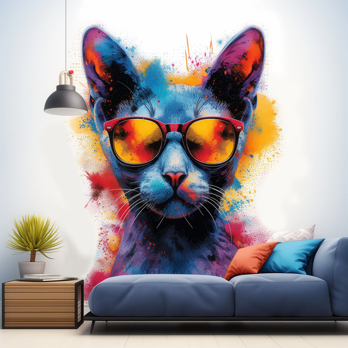 Colorful Watercolor Cat in Glasses Wall Decal - Vibrant Kitten Room Sticker Decor