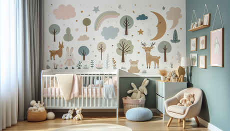Create a charming baby nursery filled with wall stickers. Envision pastel colors across the room that babies usually find calming and fascinating. These stickers should encompass a wide variety of nat