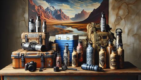 A still life scene of various hiking and outdoor gear prominently featuring high-quality water bottles and coolers. The items have artistic decals, showcasing interesting patterns, and designs on them