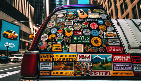 Depict a scene showing the rear side of a vibrant, customized car. The focus should be on various curated bumper stickers. Each sticker portrays a unique message relating to diverse hobbies, such as h