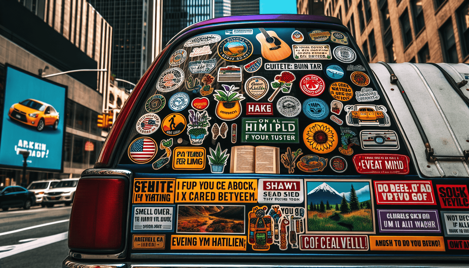 Depict a scene showing the rear side of a vibrant, customized car. The focus should be on various curated bumper stickers. Each sticker portrays a unique message relating to diverse hobbies, such as h