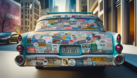 Visualize a scene featuring a collection of personalized bumper stickers on the rear of a car. These stickers vary in color, shape, and size, displaying an array of messages that represent the driver'