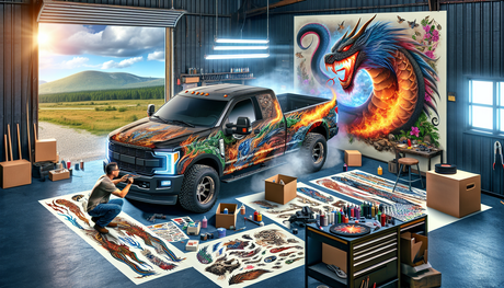 Imagine an elaborate scene showcasing the art of custom truck decals. Picture a spacious garage where a skilled artist is applying a decal to a large truck parked indoors. The decal design radiates wi