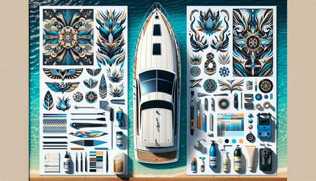 An intricate guide on boat decal customization. The image should depict an array of different designs, patterns and colors for boat decals. On one side of the image, there should be a pristine white y