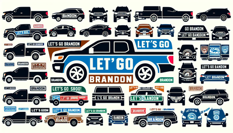 Visualize the trend of automotive decal stickers featuring the phrase 'Let's Go Brandon'. Show various vehicles of different makes and models displaying these decals, suggesting their popularity among