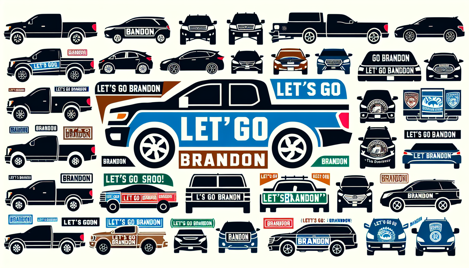 Visualize the trend of automotive decal stickers featuring the phrase 'Let's Go Brandon'. Show various vehicles of different makes and models displaying these decals, suggesting their popularity among