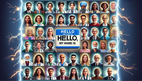 An image depicting the surprising power of 'Hello, My Name Is' stickers. Visualize a collage of diverse people from all walks of life, from doctors to artists, teachers, and more, each with a differen