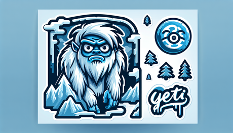 Design an image representing mystery and coolness, associated with a Yeti theme, in the form of stickers. The picture should include a large icy emblem featuring a cartoon-like Yeti figure, with expre