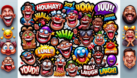 A vivid image showcasing a collection of humorous and funny stickers. Each sticker presents unique comedy elements such as exaggerated facial expressions, playful cartoons, witty puns, and amusing one