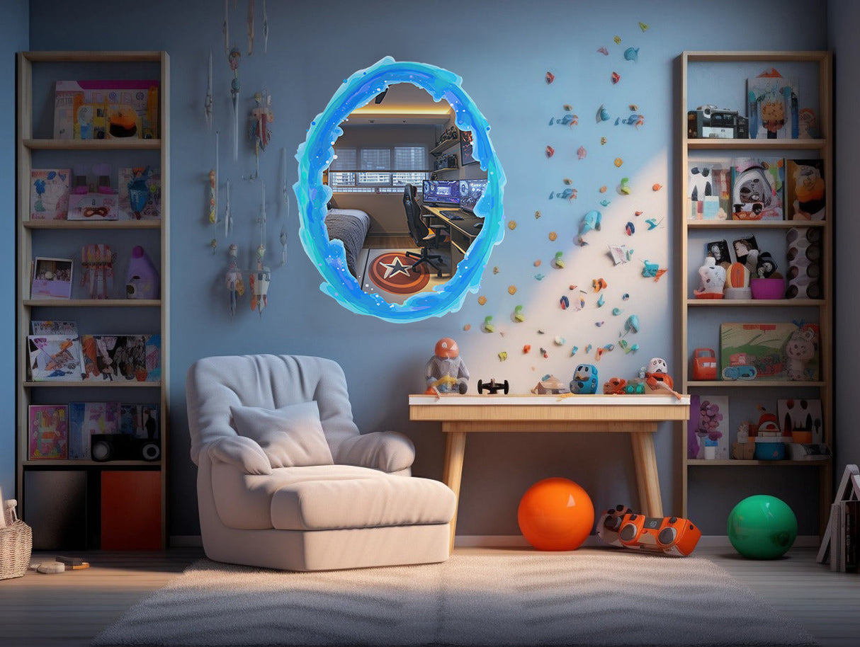 Blue & Orange Portal Aura Wall Stickers with Silver Chrome Mirror Effect - Vibrant Oval Teleport Decals for Gamer and Geek Room Decor