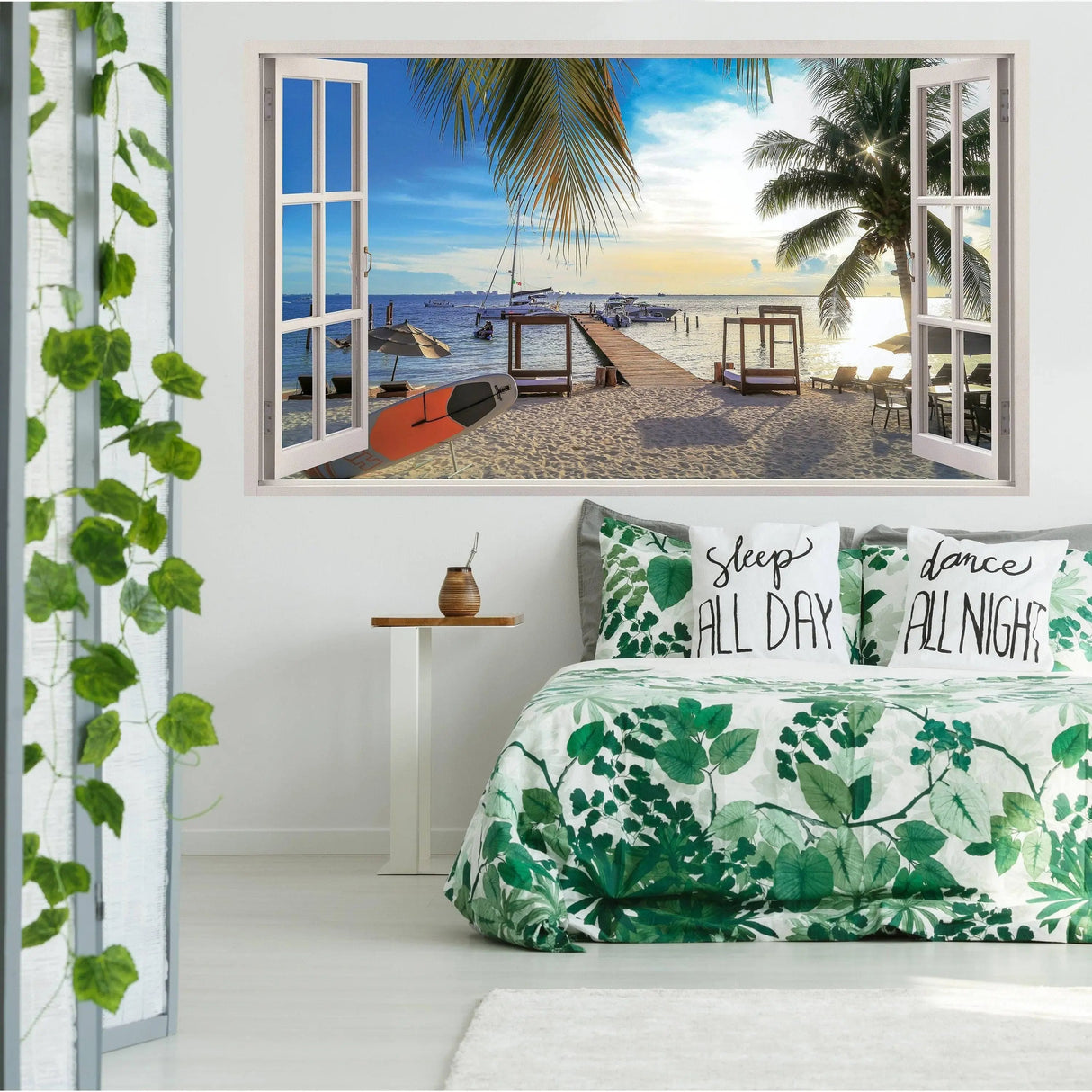 3d Window Beach View Wall Sticker - Removable Bedroom Ocean Scene Vinyl Room Decal - Large Tropical Picture Frame Landscape Decoration - Decords
