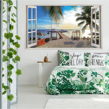 Load image into Gallery viewer, 3d Window Beach View Wall Sticker - Removable Bedroom Ocean Scene Vinyl Room Decal - Large Tropical Picture Frame Landscape Decoration - Decords
