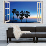 3d Window Beach View Wall Sticker - Removable Bedroom Ocean Scene Vinyl Room Decal - Large Tropical Picture Frame Landscape Decoration - Decords