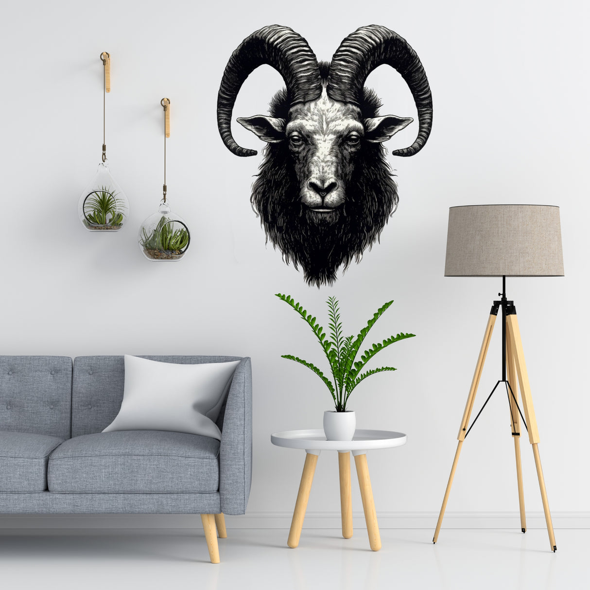 Realistic Surreal Ram Head Wall Decal - Detailed Ink Illustration Art Sticker