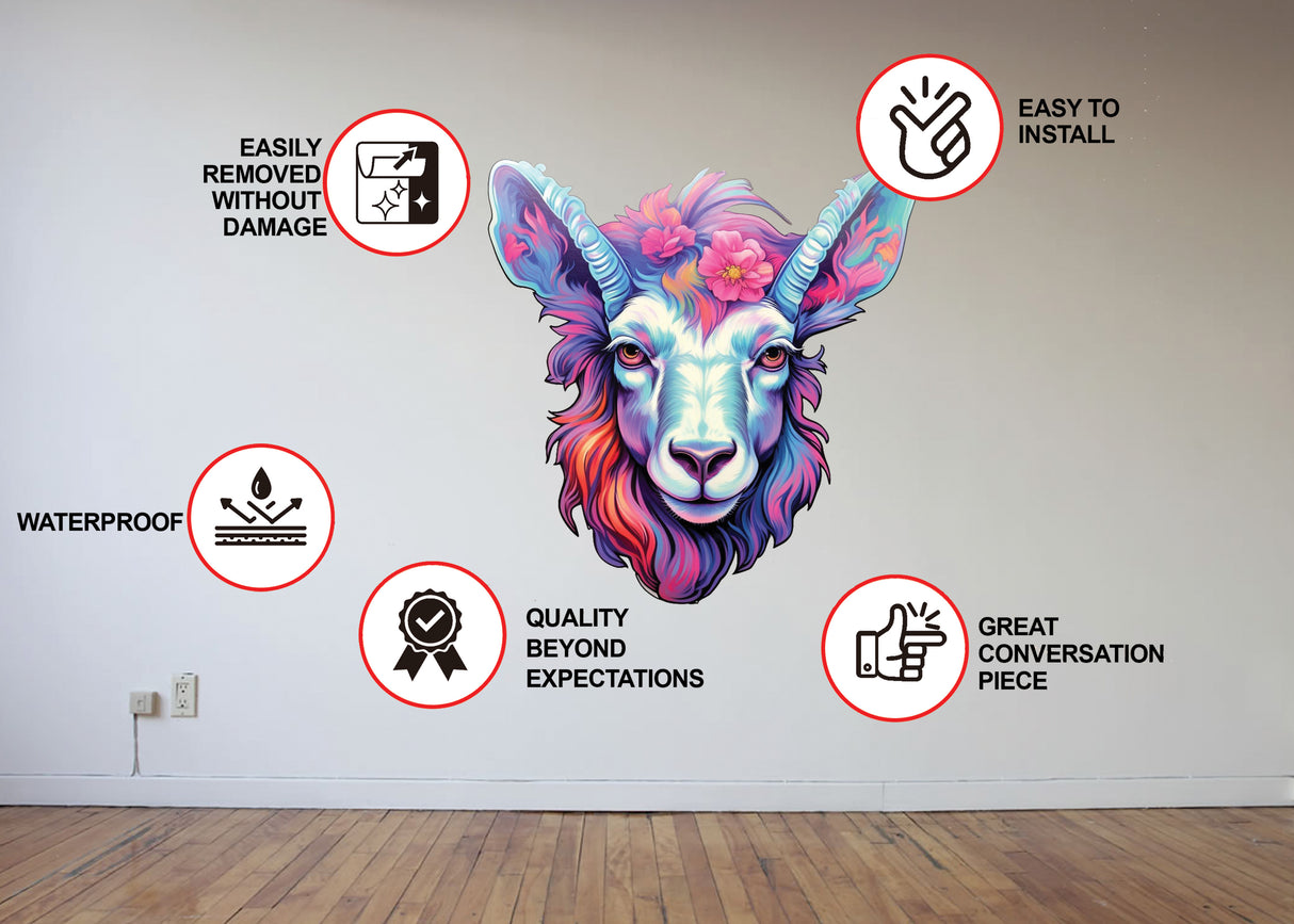 Psychedelic Goat Head Sticker - Vibrant, Colorful Art Decal with Dreamlike Quality for Bold Home Decor