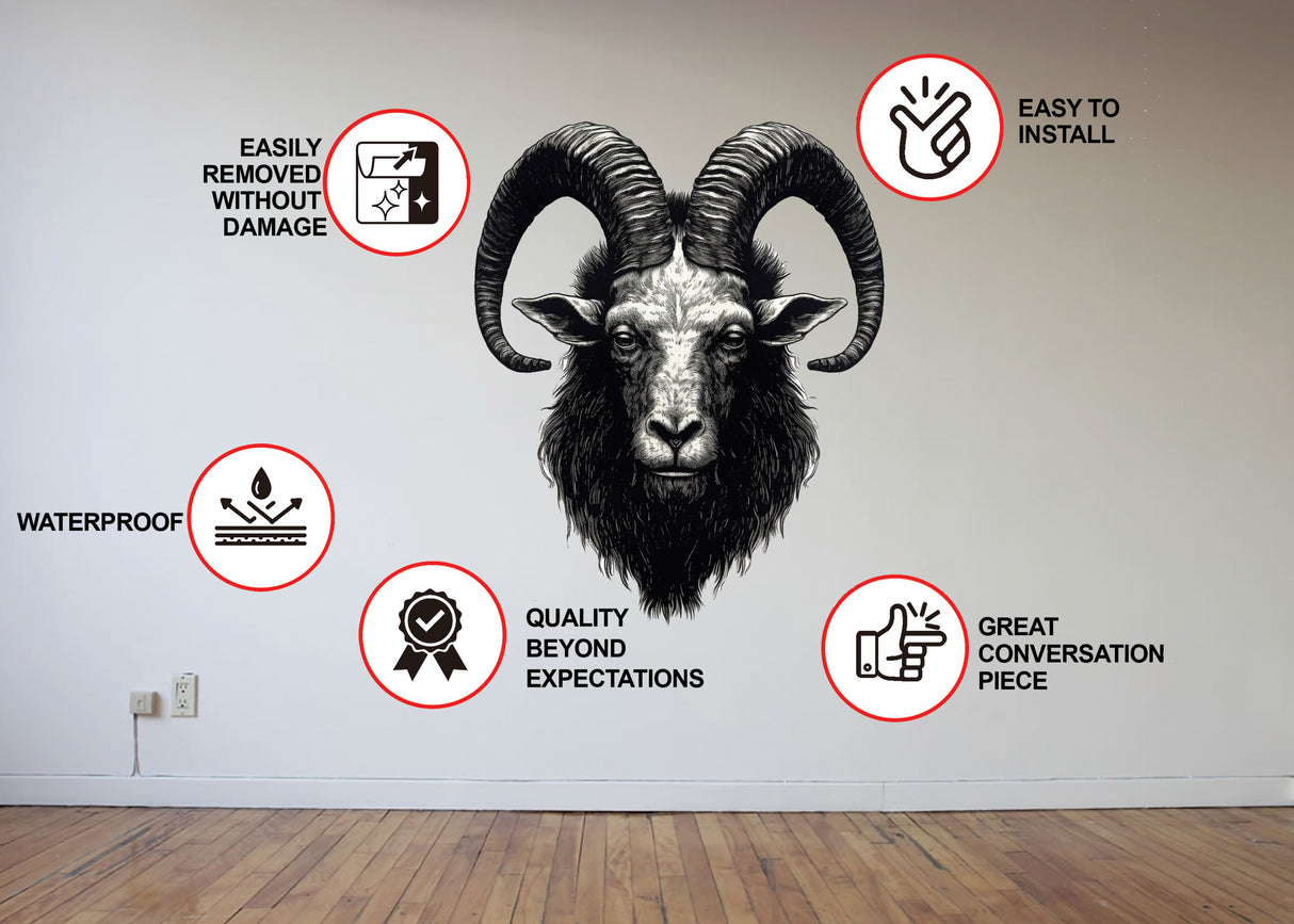 Realistic Surreal Ram Head Wall Decal - Detailed Ink Illustration Art Sticker