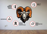Artistic Ram Head Wall Sticker - Detailed Illustration Decal with Glossy Horns and Piercing Gaze