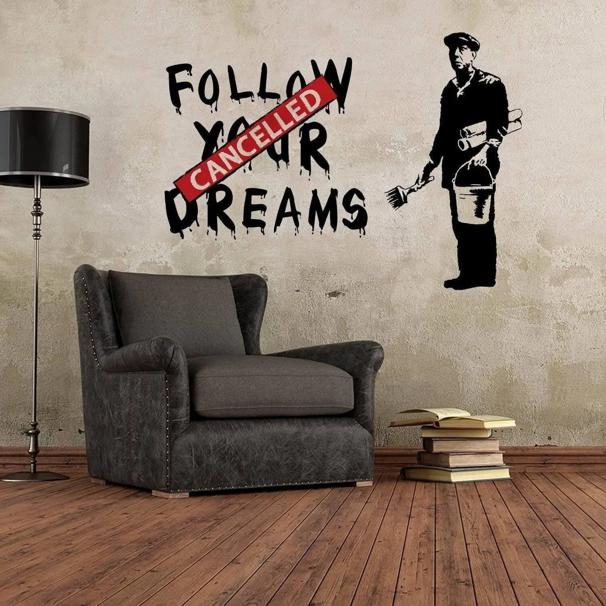 Banksy Follow Your Dreams Wall Sticker - Homeless Cancelled Art Ideas Mac Macbook Vinyl Decal - Street Graffiti Stickers - Art Decor Decals - Decords