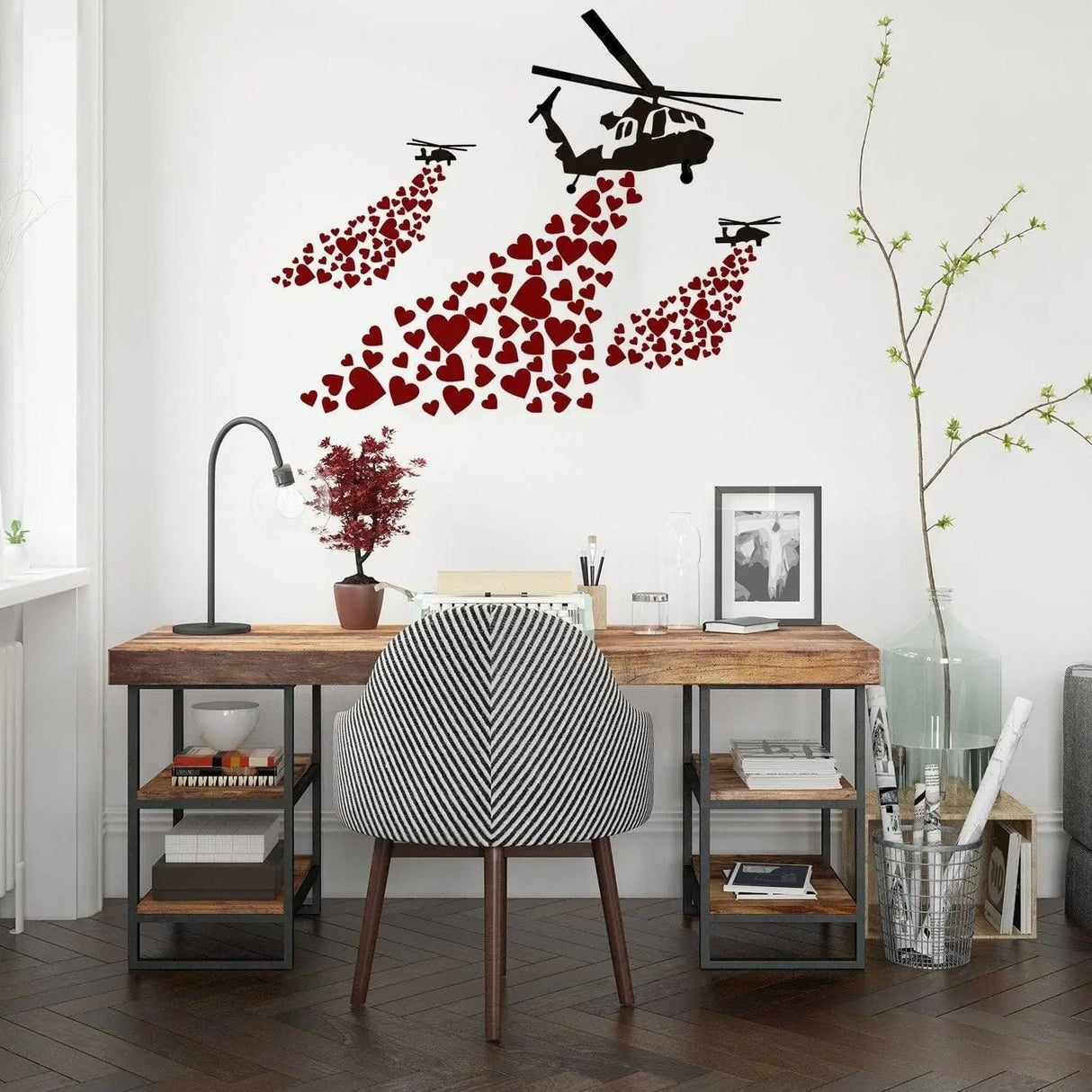 Banksy Vinyl Wall Decal Helicopter with Hearts - Street Art Graffiti Helicopters Decor Sticker - Heart Love Mural Boys Room Decor Artwork - Decords
