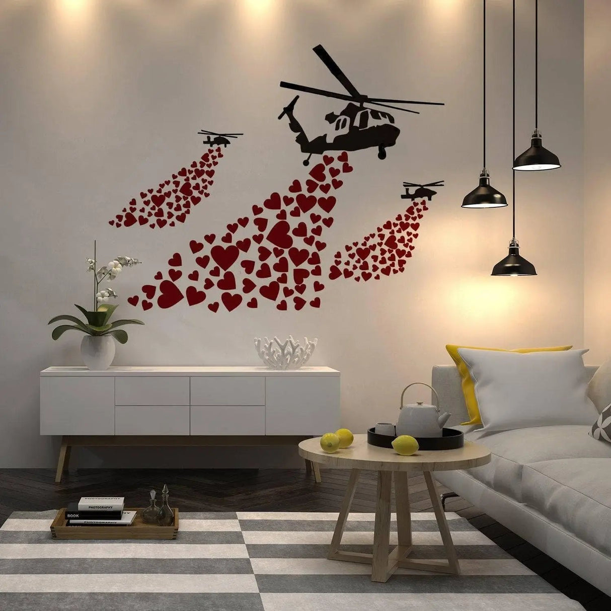 Banksy Vinyl Wall Decal Helicopter with Hearts - Street Art Graffiti Helicopters Decor Sticker - Heart Love Mural Boys Room Decor Artwork - Decords