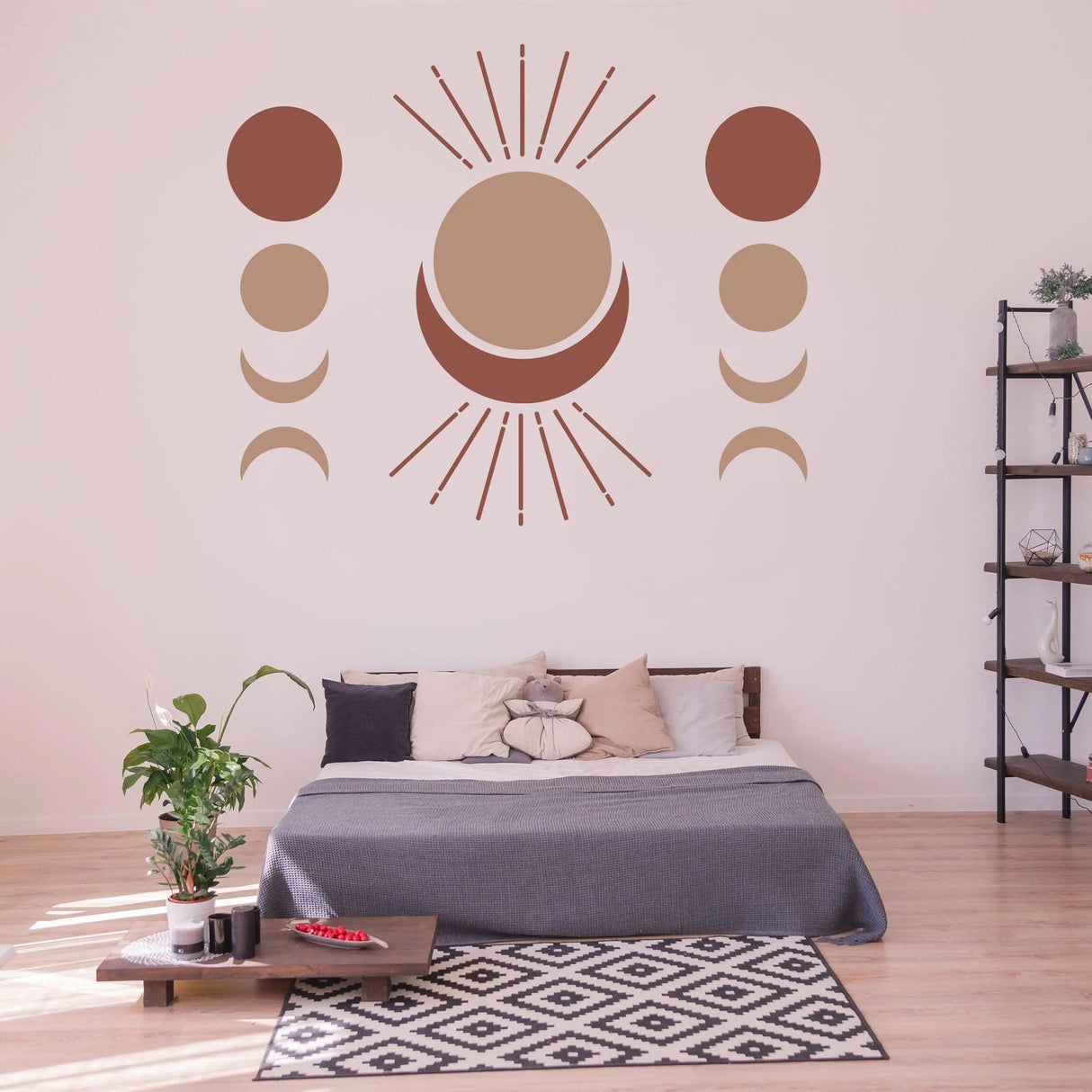 Boho Moon Phases Wall Decal Decor - Bohemian Crescent Big Vinyl Wallpaper Sticker For Or Nursery Kid Room - Large Pastel Art Girl Baby Mural - Decords