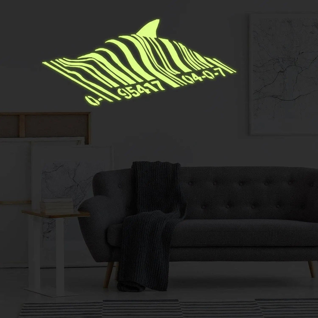 Glow In Dark Banksy Barcode Shark Wall Sticker - Night Glowing Swimming Fish Under Bar Code Vinyl Decal - Realistic Luminescent Light Ghost - Decords