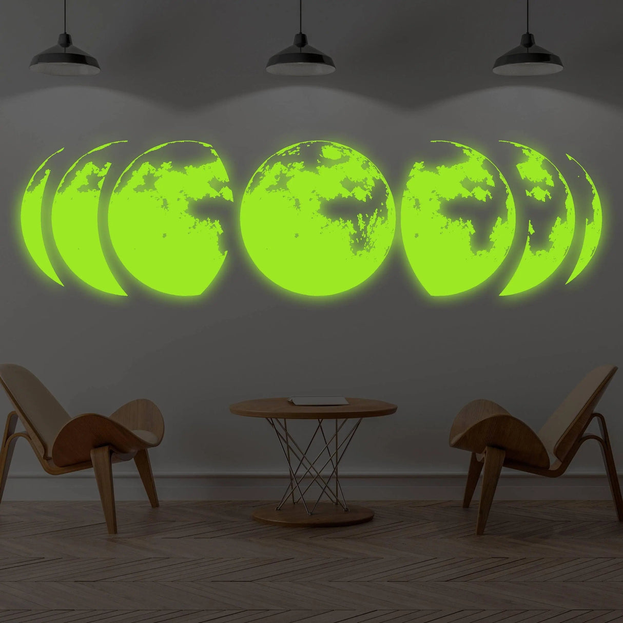 Glow In Dark Moon Phases Wall Decor Decal - Night Light Art Living Room Sticker - Glowing Neon Phase Cycle Nursery Lunar Crescent Mural - Decords