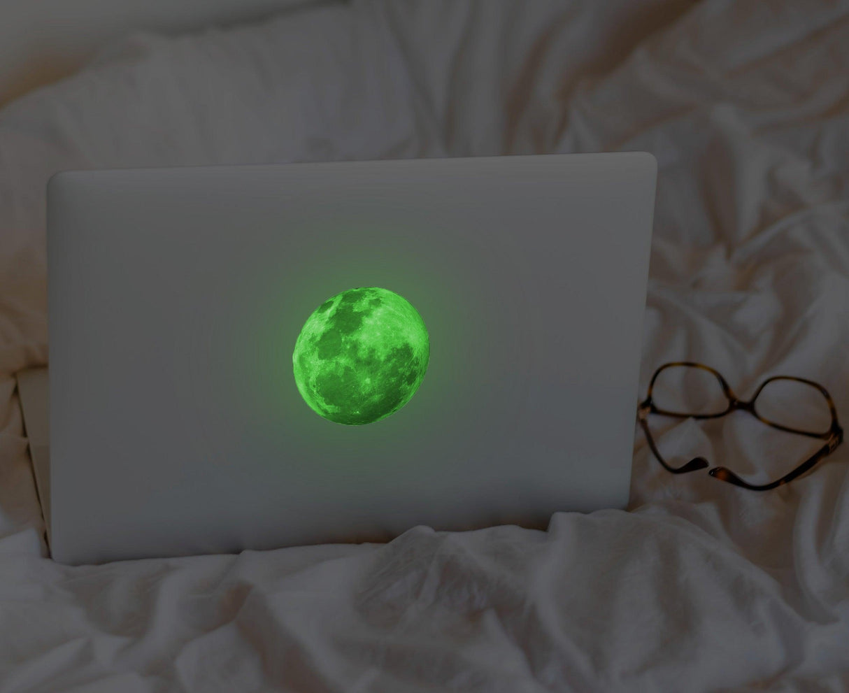 Glow in The Dark Laptop Vinyl Decal - Glowing Full Moon Sticker - NASA Nerd Moon Neon Green Light Stickers - Luminous Lunar Shine Decals - Decords