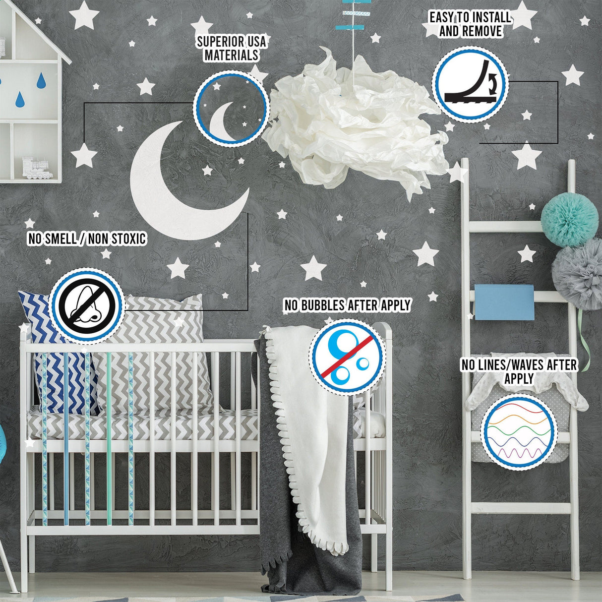 White Stars and Moon Wall Stickers for Kids Room | Nursery Night Sky Crescent Decal Set
