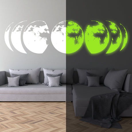 Glow-in-the-Dark Moon Phases Wall Decal - Neon Night Light Lunar Cycle Glowing Sticker Art for Living Room or Nursery - Glow in the dark