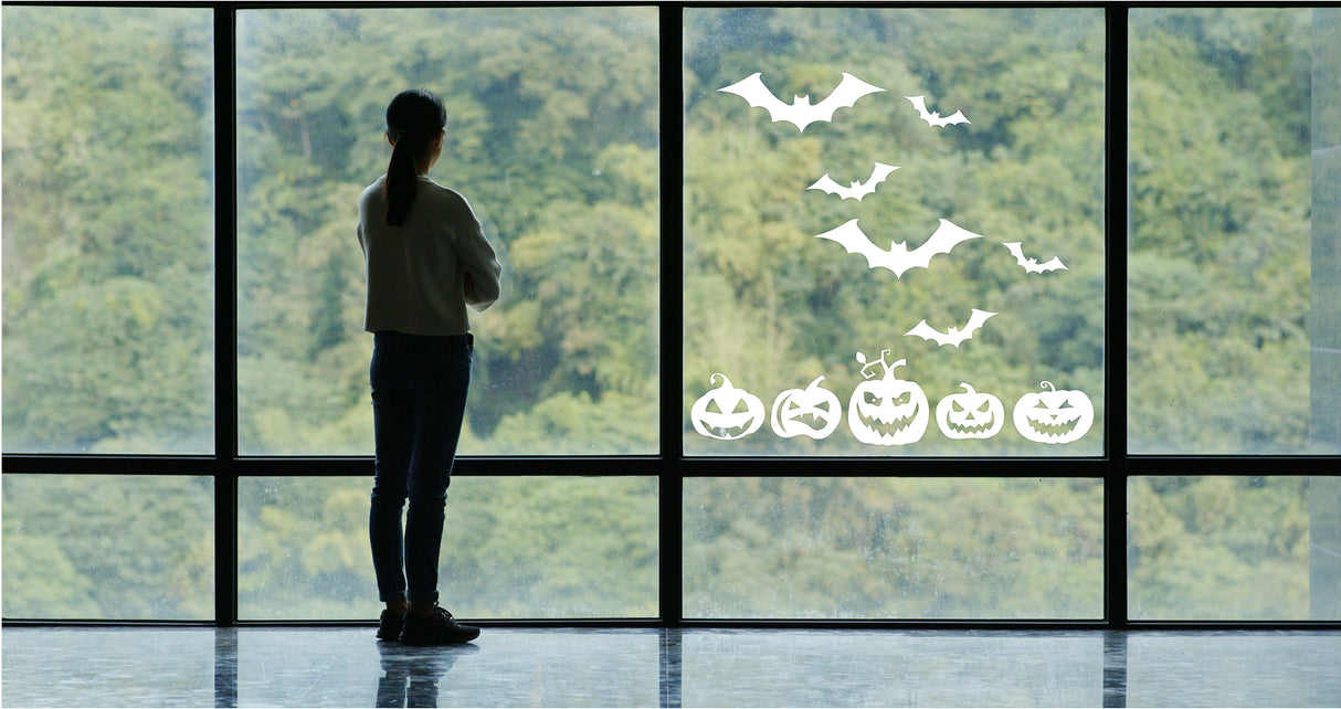 Halloween Window Decals Pack - Festive Pumpkins and Bats Display Stickers Set - Celebratory Home and Room Glass Decor