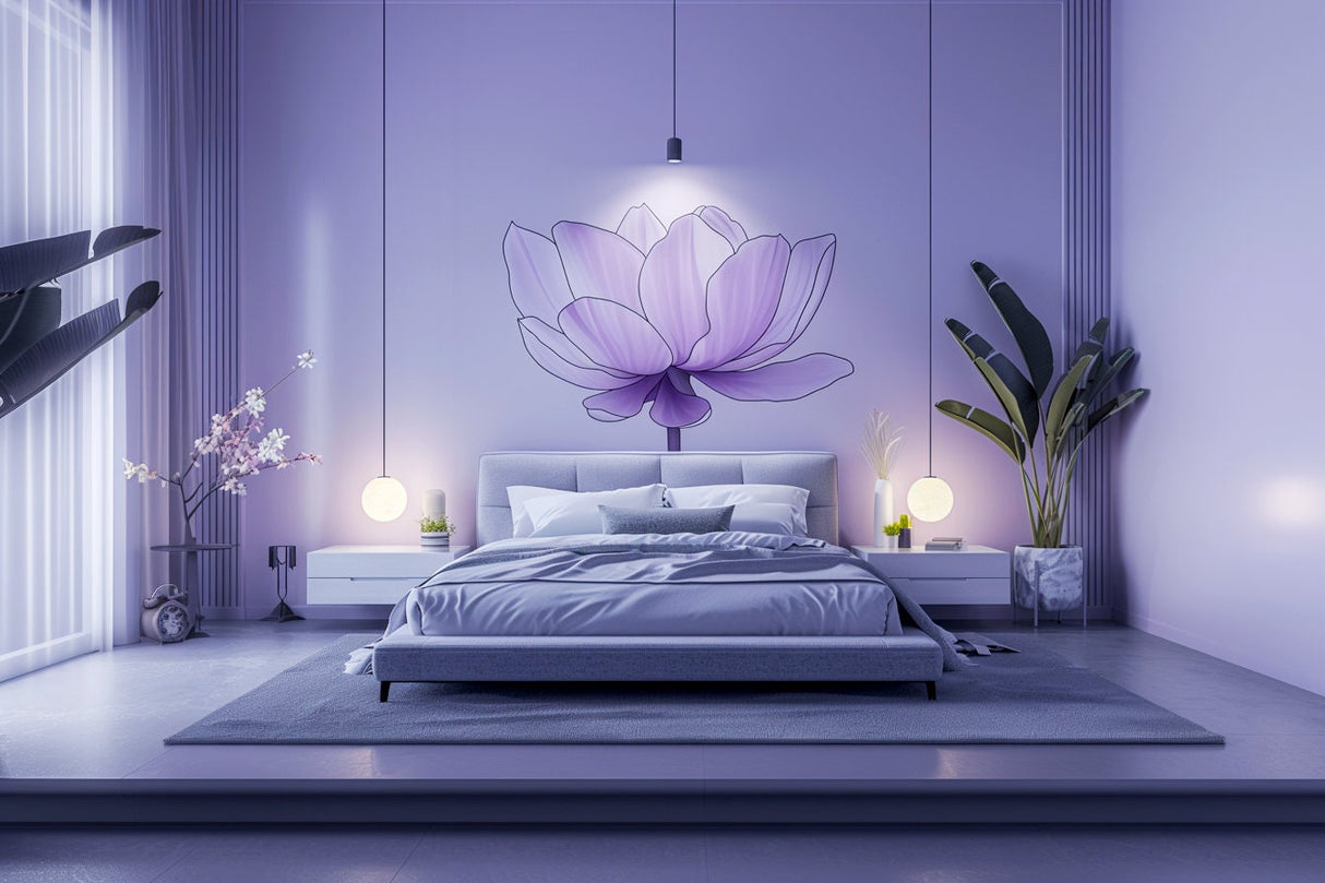 Purple Lotus Flower Wall Decal - Tranquil Peel and Stick Floral Art for Bedroom Sticker Decor - Stylish Violet Lotus Adhesives Decal