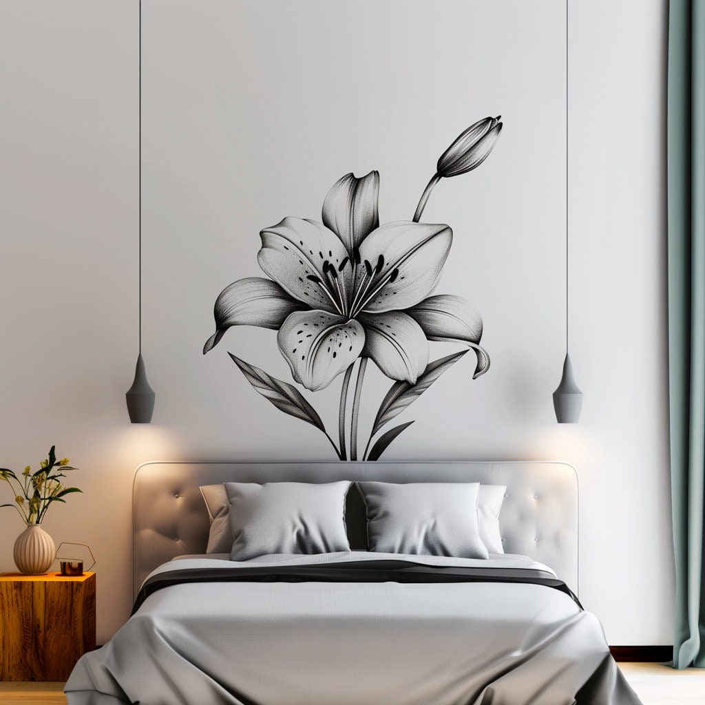 Elegant Monochrome Lily Flower Wall Decal - Stylish Black and White Floral Art Sticker for Bedroom Decor